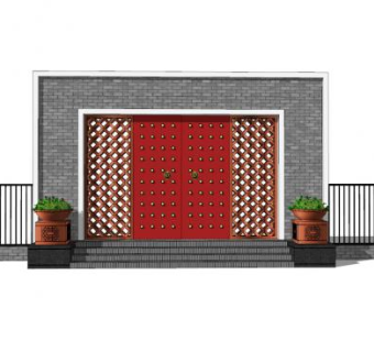 中式院门院墙SU模型下载_sketchup草图大师SKP模型