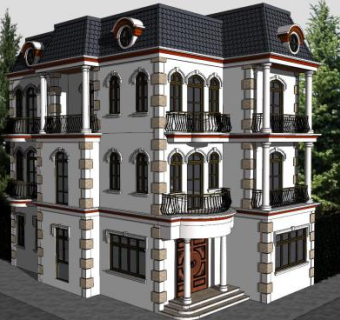 特伦佳风格别墅建筑SU模型下载_sketchup草图大师SKP模型