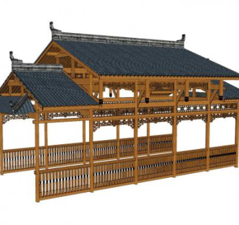中式木制园林长廊SU模型下载_sketchup草图大师SKP模型