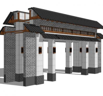 中式建筑小区大门入口SU模型下载_sketchup草图大师SKP模型