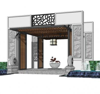 中式小区景观大门SU模型下载_sketchup草图大师SKP模型