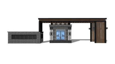 新中式门卫岗小区大门SU模型下载_sketchup草图大师SKP模型