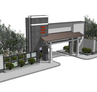 中式小区绿植大门SU模型下载_sketchup草图大师SKP模型