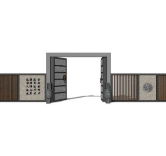中式院门院墙设计SU模型下载_sketchup草图大师SKP模型