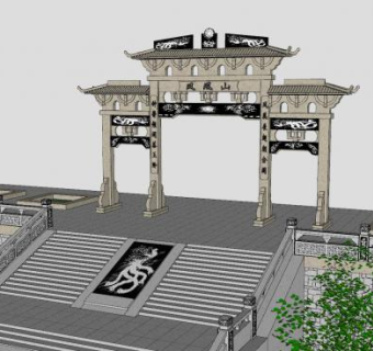 中式凤凰山牌坊大门SU模型下载_sketchup草图大师SKP模型