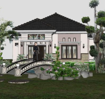 别墅平房住宅建筑花园SU模型下载_sketchup草图大师SKP模型
