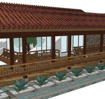 中式休闲景观长廊SU模型下载_sketchup草图大师SKP模型