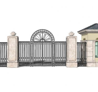 欧式铁艺大门门卫室SU模型下载_sketchup草图大师SKP模型