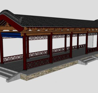 中式檐廊长廊SU模型下载_sketchup草图大师SKP模型