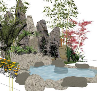 假山鱼池su模型下载_sketchup草图大师SKP模型
