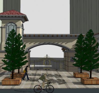 欧式保利花园小区大门SU模型下载_sketchup草图大师SKP模型