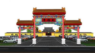 中式大福寺牌坊大门SU模型下载_sketchup草图大师SKP模型