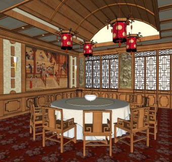 中式商业餐厅su模型下载_sketchup草图大师SKP模型