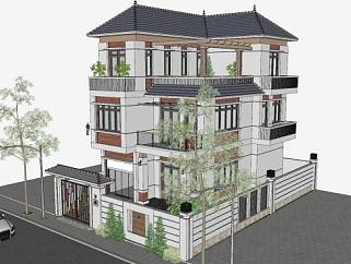 新中式带庭院独栋别墅SU模型下载_sketchup草图大师SKP模型
