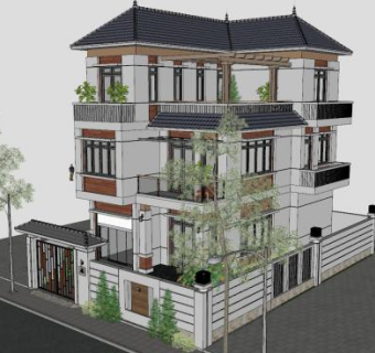 新中式带庭院独栋别墅SU模型下载_sketchup草图大师SKP模型