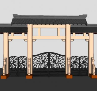 中式牌坊铁艺大门SU模型下载_sketchup草图大师SKP模型