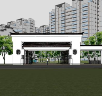 新中式小区入户门SU模型下载_sketchup草图大师SKP模型