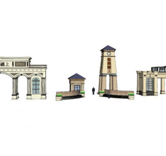 欧式塔楼大门景观SU模型下载_sketchup草图大师SKP模型