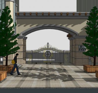 保利花园欧式小区铁艺门SU模型下载_sketchup草图大师SKP模型