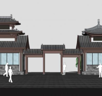 中式塔楼牌坊大门SU模型下载_sketchup草图大师SKP模型