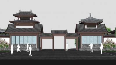 中式塔楼牌坊大门SU模型下载_sketchup草图大师SKP模型