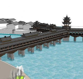 中式桥廊景观过道SU模型下载_sketchup草图大师SKP模型