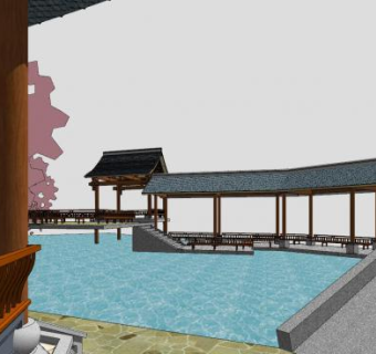 中式水景长廊SU模型下载_sketchup草图大师SKP模型