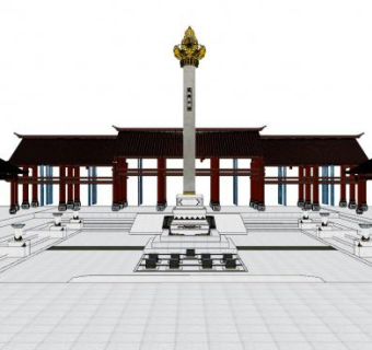 中式长廊景观柱装饰SU模型下载_sketchup草图大师SKP模型