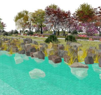 河道滨河景观su模型下载_sketchup草图大师SKP模型