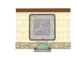 中式庭院雕刻景墙SU模型下载_sketchup草图大师SKP模型