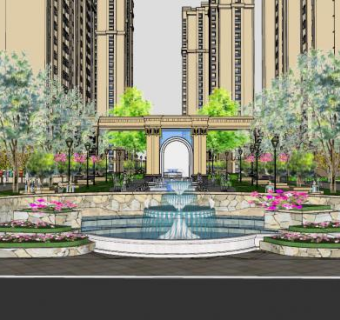 新古典小区水景大门SU模型下载_sketchup草图大师SKP模型