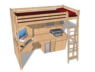 <em>上床下</em>书桌木质床su模型下载_sketchup草图大师SKP模型