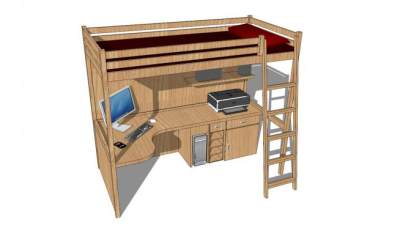 上床下书桌木质床su模型下载_sketchup草图大师SKP模型