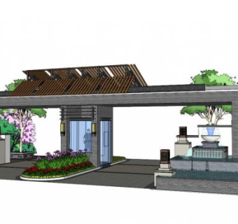 新中式景观入口su模型下载_sketchup草图大师SKP模型