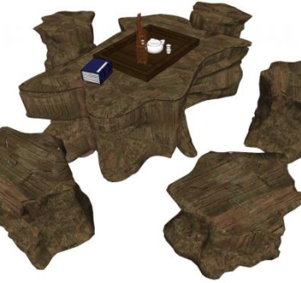 木桩桌椅su模型下载_sketchup草图大师SKP模型