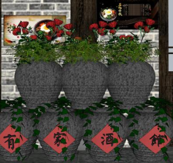 酒坛酒馆石花盆花架SU模型下载_sketchup草图大师SKP模型