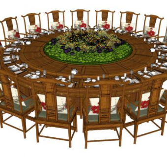 大圆桌桌椅组合su模型下载_sketchup草图大师SKP模型