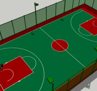 篮球场运动场带铁丝网围栏SU模型
