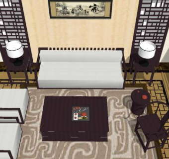 新中式室内设计装修SU模型下载_sketchup草图大师SKP模型