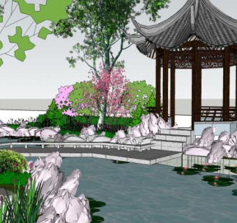 中式风格别墅庭院景观SU模型