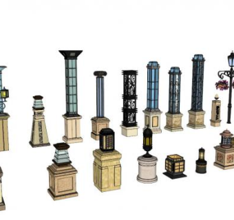 灯柱欧式风格景观SU模型下载_sketchup草图大师SKP模型