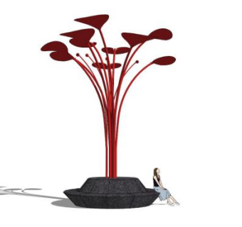 小品雕塑艺术红色的花SU模型下载_sketchup草图大师SKP模型