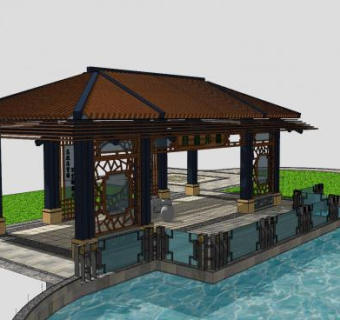 中式风格水榭亭子四角设计SU模型