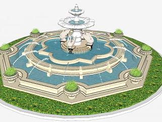 欧式喷泉水景雕塑SU模型下载_sketchup草图大师SKP模型