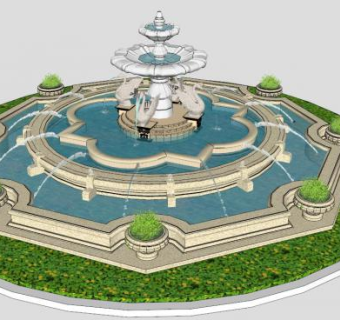欧式喷泉水景雕塑SU模型下载_sketchup草图大师SKP模型