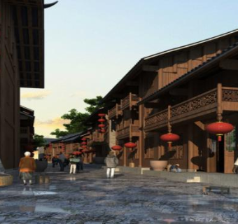 草图大师设计工具中式木屋商业街SU模型下载_sketchup草图大师SKP模型