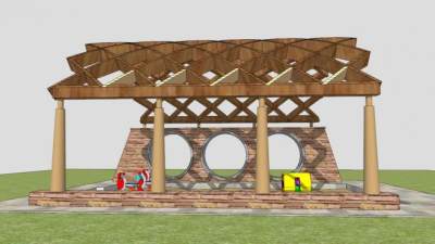 创意木廊架儿童游乐亭游乐设施SU模型下载_sketchup草图大师SKP模型