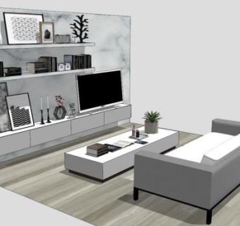客厅沙发电视墙背景墙桌子SU模型下载_sketchup草图大师SKP模型