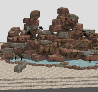 景观跌石假山水池SU模型下载_sketchup草图大师SKP模型
