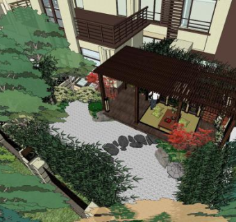 日式风格小院庭院景观SU模型（枯山水风格）